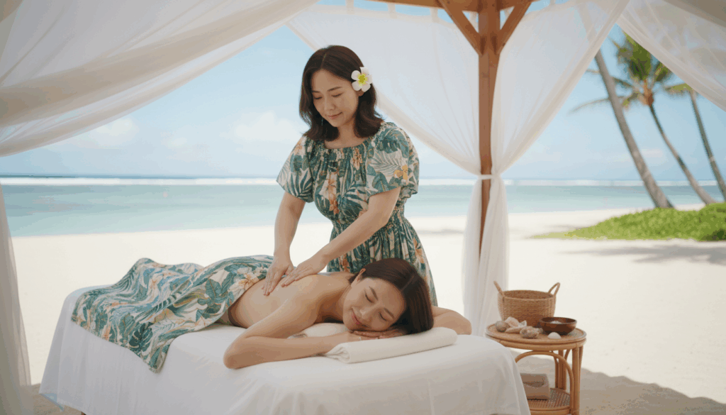 南の島の浜辺でロミロミ施術を行い、お客様が幸せそうに受けている様子