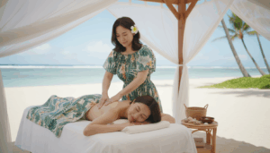 南の島の浜辺でロミロミ施術を行い、お客様が幸せそうに受けている様子