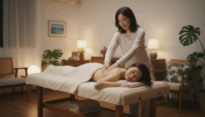 ハワイアンな雰囲気のサロンでロミロミ施術を行い、お客様が幸せそうに受けている様子